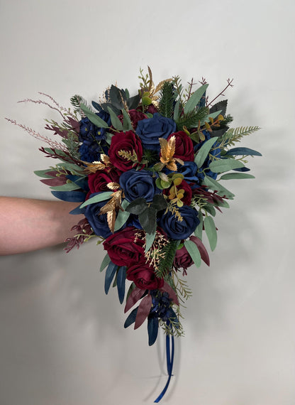 Winter Bouquet Burgundy Navy Blue Wedding Bouquet Bridal Cascading Wine Red Dark Blue Bouquet Cascade Bridesmaids Pine Tree Gold Artificial