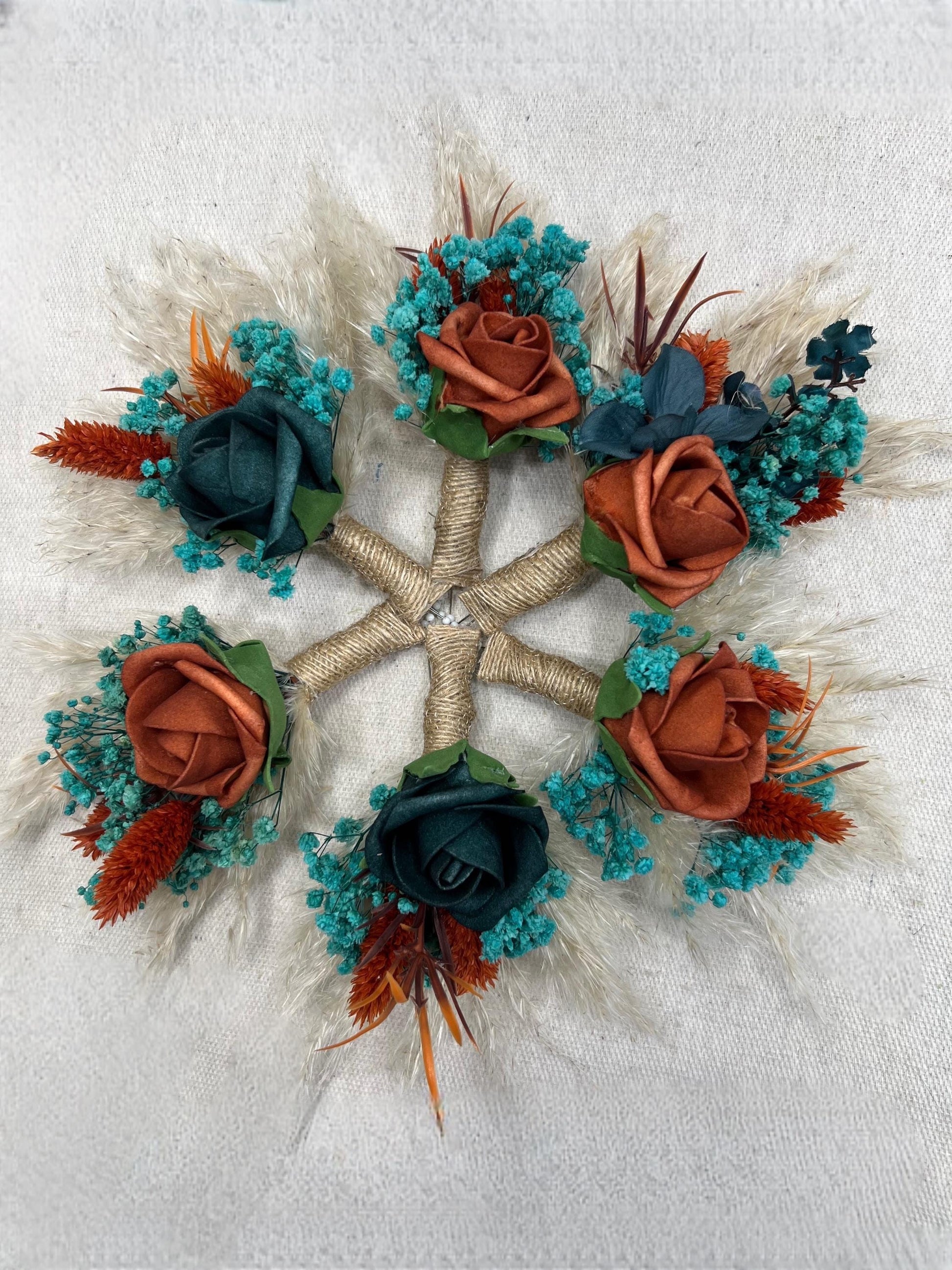 Teal Terracotta Boutonniere Wedding Dark Teal Burnt Orange Groom Boutonniere Boho Teal Blue Rust Pampas Grass Turquoise Baby Breath