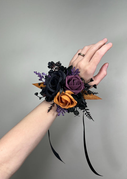 Black Plum Corsage Wedding Gothic Wrist Corsage Bridesmaids Burnt Orange Black Corsage Mom Black Dark Purple Corsage Prom Artificial Flower