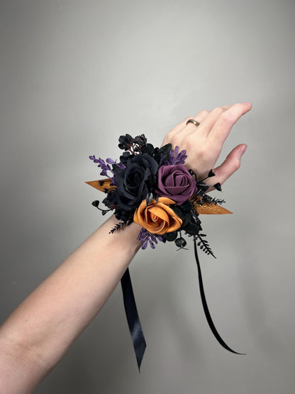 Black Plum Corsage Wedding Gothic Wrist Corsage Bridesmaids Burnt Orange Black Corsage Mom Black Dark Purple Corsage Prom Artificial Flower