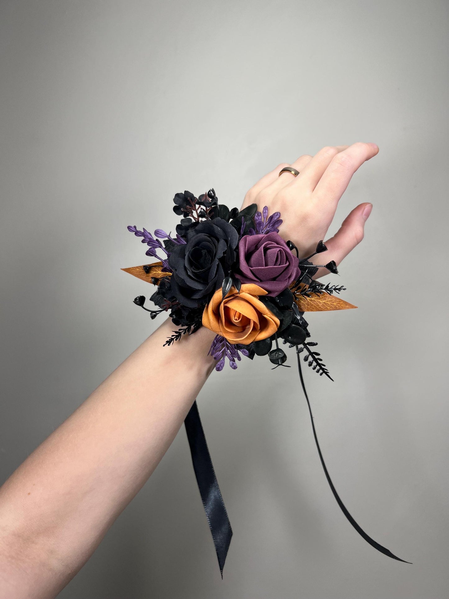 Black Plum Corsage Wedding Gothic Wrist Corsage Bridesmaids Burnt Orange Black Corsage Mom Black Dark Purple Corsage Prom Artificial Flower