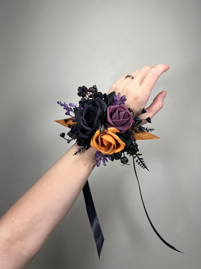 Black Plum Corsage Wedding Gothic Wrist Corsage Bridesmaids Burnt Orange Black Corsage Mom Black Dark Purple Corsage Prom Artificial Flower