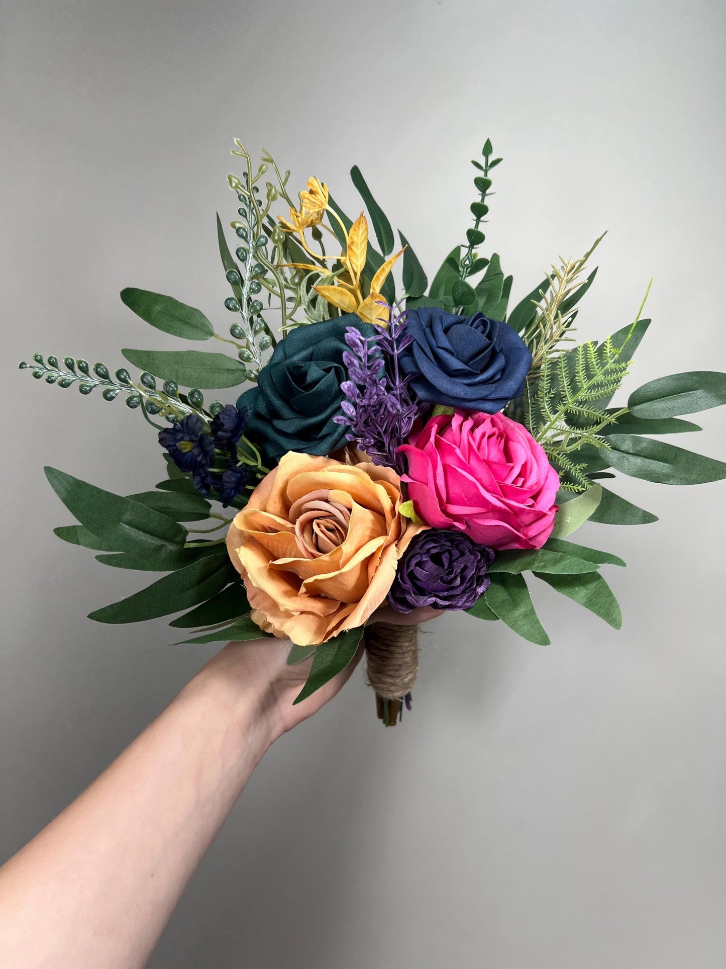 Jewel Tone Bouquet Wedding Bridal Fuchsia Dark Real Navy Blue Bouquet Bridesmaids Marigold Orange Eucalyptus Hot Pink Mustard Plum