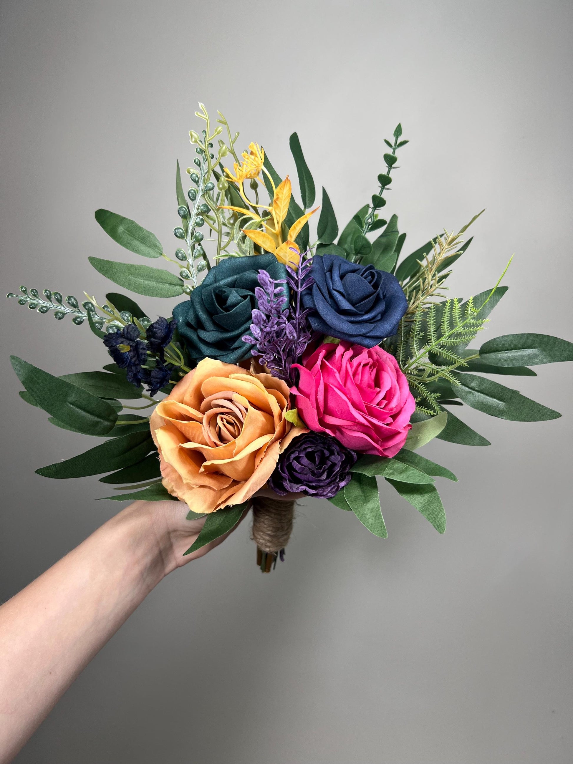 Jewel Tone Bouquet Wedding Bridal Fuchsia Dark Real Navy Blue Bouquet Bridesmaids Marigold Orange Eucalyptus Hot Pink Mustard Plum