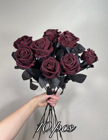 Burgundy Black Roses Artificial Wedding Flower Heads with Stems Dark Burgundy Gotchic Black Roses Wine Red Maroon Craft Supplies DIY Bouquet
