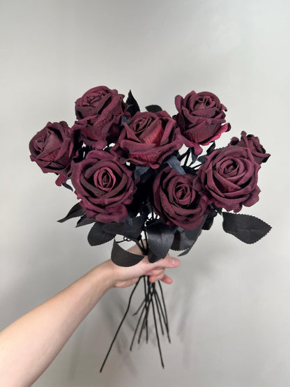 Burgundy Black Roses Artificial Wedding Flower Heads with Stems Dark Burgundy Gotchic Black Roses Wine Red Maroon Craft Supplies DIY Bouquet