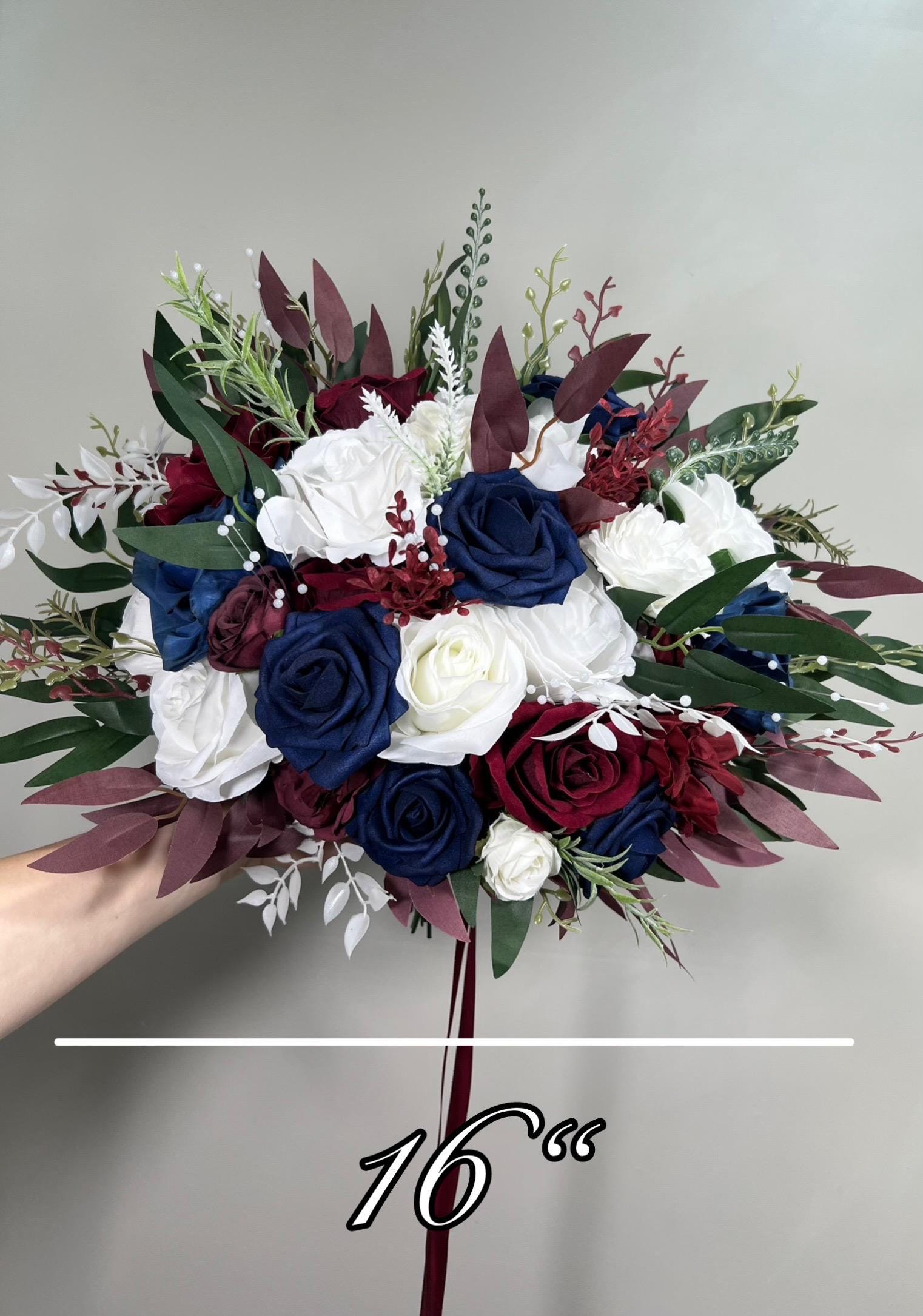 Burgundy Navy Blue White Bouquet Bridal Wine Red Dark Blue Bouquet Bridesmaids Dark Red Blue Ivory Winter Bouquet Pearls Artificial Flowers