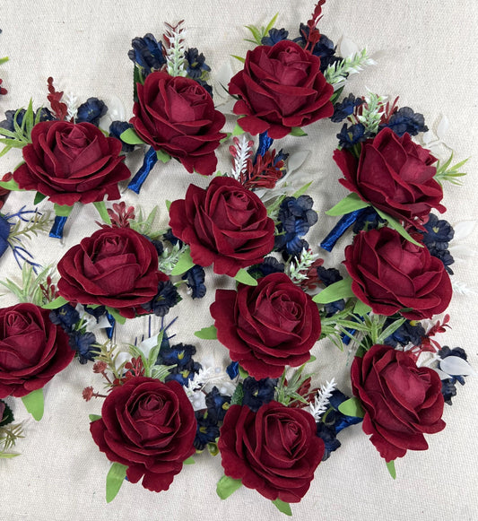 Burgundy Navy Blue Boutonniere Wedding Groom Boutonniere Burgundy Groomsmen Boutonnière Prom Navy Blue Maroon Artificial Flowers Wine Red