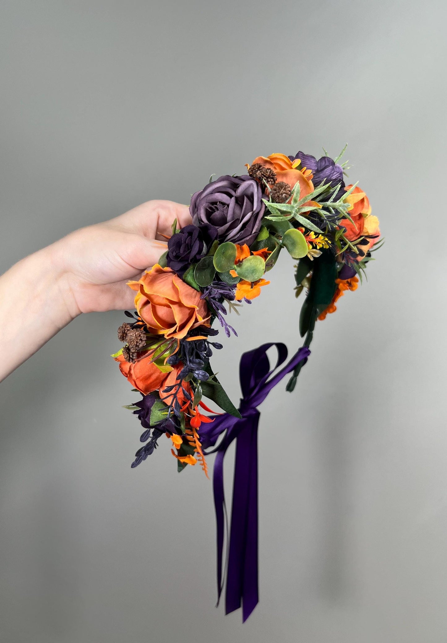 Purple Orange Flower Crown Wedding Plum Terracotta Floral Crown Artificial Flowers Dark Purple Rust Adult Crown Flower Girl Headband Flower