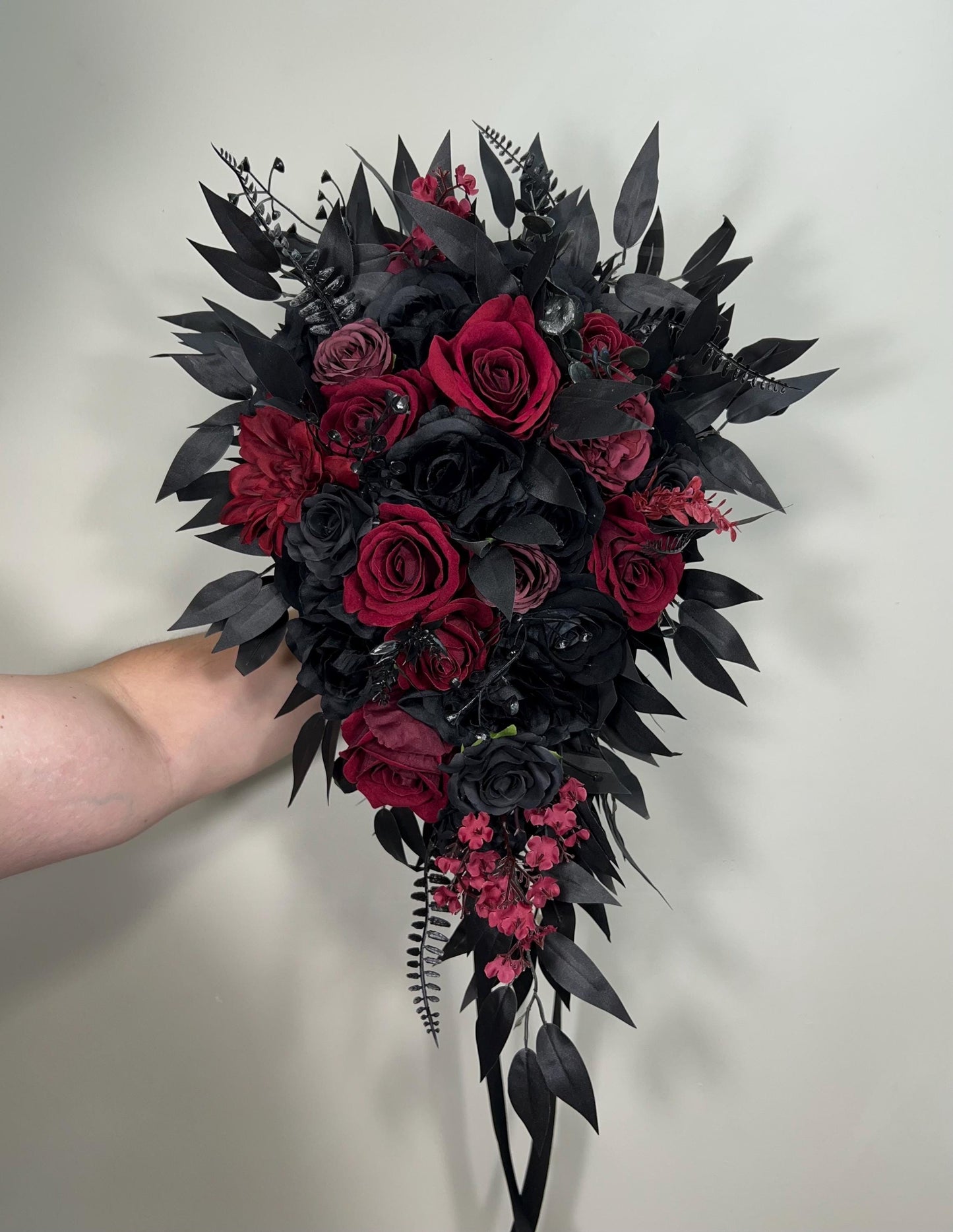 Wedding Cascade Black Bouquet Burgundy Gothic Bridal Halloween Cascading Bouquet Black Decor Burgundy Artificial Flower Bridesmaids Black