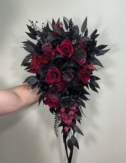Wedding Cascade Black Bouquet Burgundy Gothic Bridal Halloween Cascading Bouquet Black Decor Burgundy Artificial Flower Bridesmaids Black