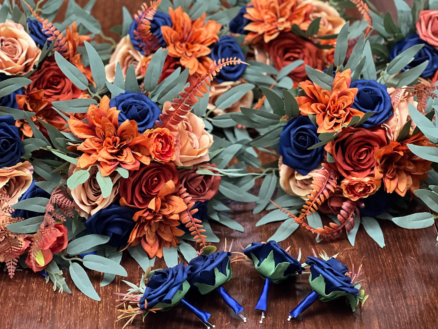 Navy Blue Orange Bouquet Wedding Navy Blue Rust Bouquet Bridesmaids Terracotta Dark Blue Bouquet Burnt Orange Navy Blue Artificial Flowers
