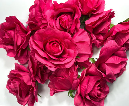 Fuchsia Flower Heads Artificial Pink Roses Wedding Silk Flowers Head Bright Pink Hot Realistic Magenta Deep Pink Vibrant Roses DIY Bouquet