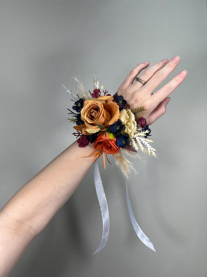 Orange Corsage Navy Blue Wedding Wrist Corsage Rust Burgundy Pampas Grass Corsage Bridesmaids Terracotta Boho Corsage Burnt Orange Navy Blue