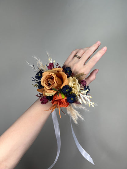 Orange Corsage Navy Blue Wedding Wrist Corsage Rust Burgundy Pampas Grass Corsage Bridesmaids Terracotta Boho Corsage Burnt Orange Navy Blue