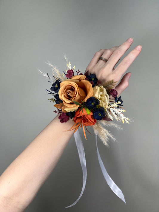 Orange Corsage Navy Blue Wedding Wrist Corsage Rust Burgundy Pampas Grass Corsage Bridesmaids Terracotta Boho Corsage Burnt Orange Navy Blue