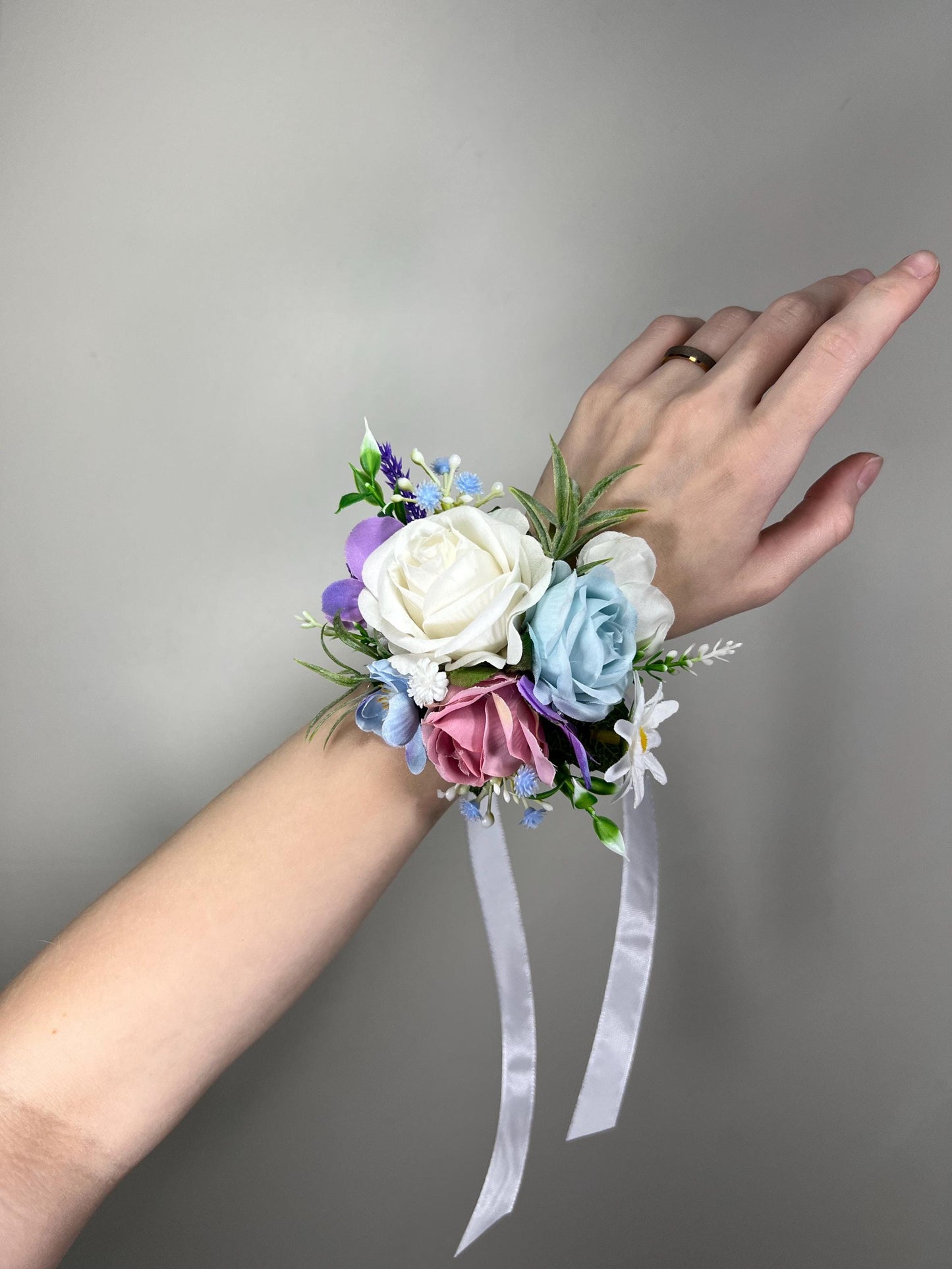 White Blue Pink Corsage Wedding Ivory Baby Blue Dusty Rose Wrist Corsage Bridesmaids Wild Flowers Corsage Purple Rustic Artiricial Flower