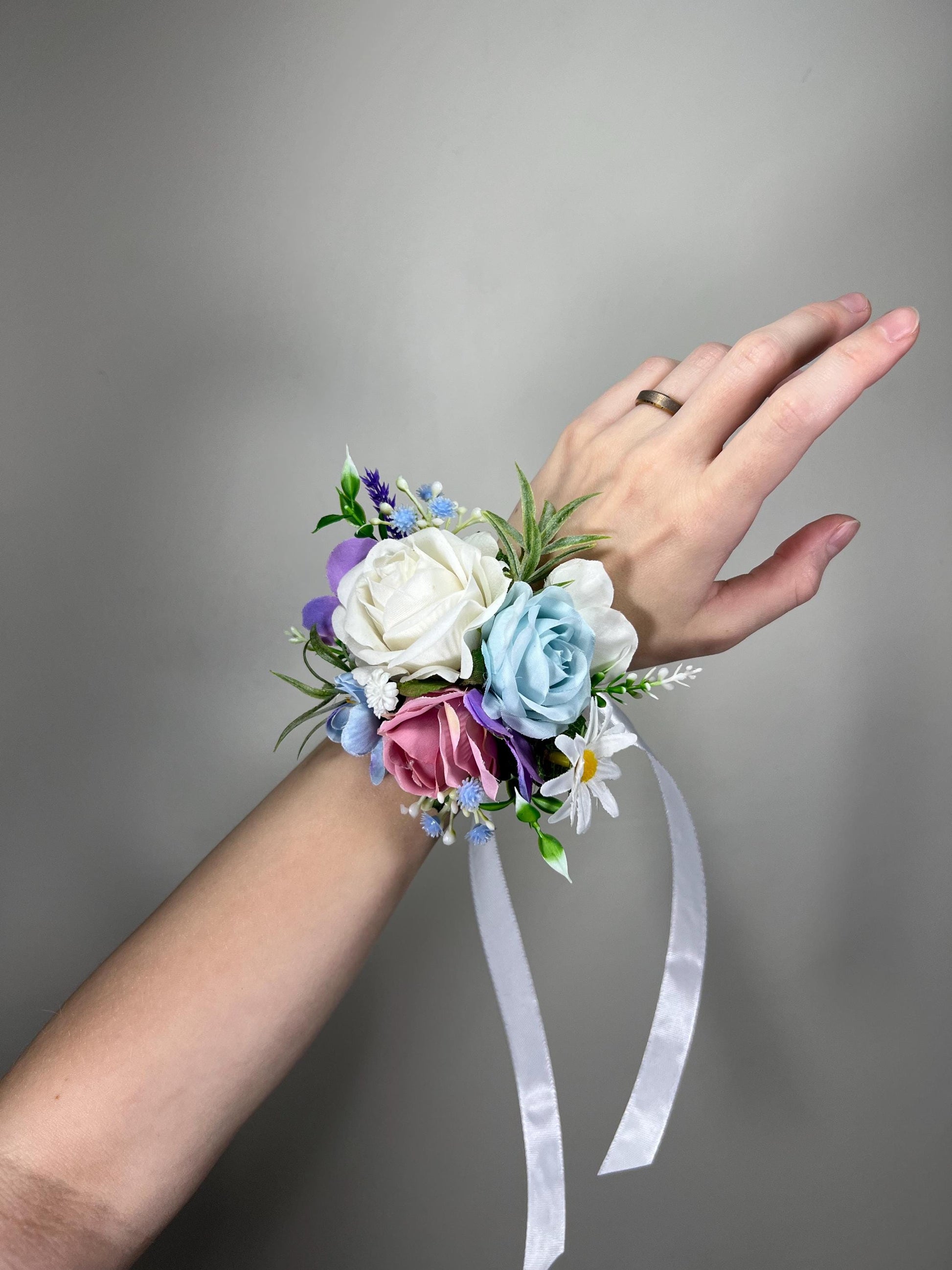 White Blue Pink Corsage Wedding Ivory Baby Blue Dusty Rose Wrist Corsage Bridesmaids Wild Flowers Corsage Purple Rustic Artiricial Flower