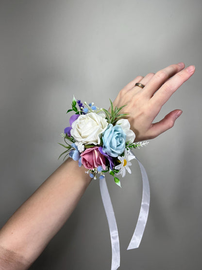 White Blue Pink Corsage Wedding Ivory Baby Blue Dusty Rose Wrist Corsage Bridesmaids Wild Flowers Corsage Purple Rustic Artiricial Flower