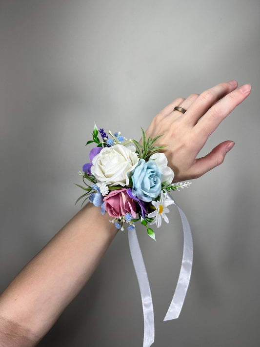 White Blue Pink Corsage Wedding Ivory Baby Blue Dusty Rose Wrist Corsage Bridesmaids Wild Flowers Corsage Purple Rustic Artiricial Flower