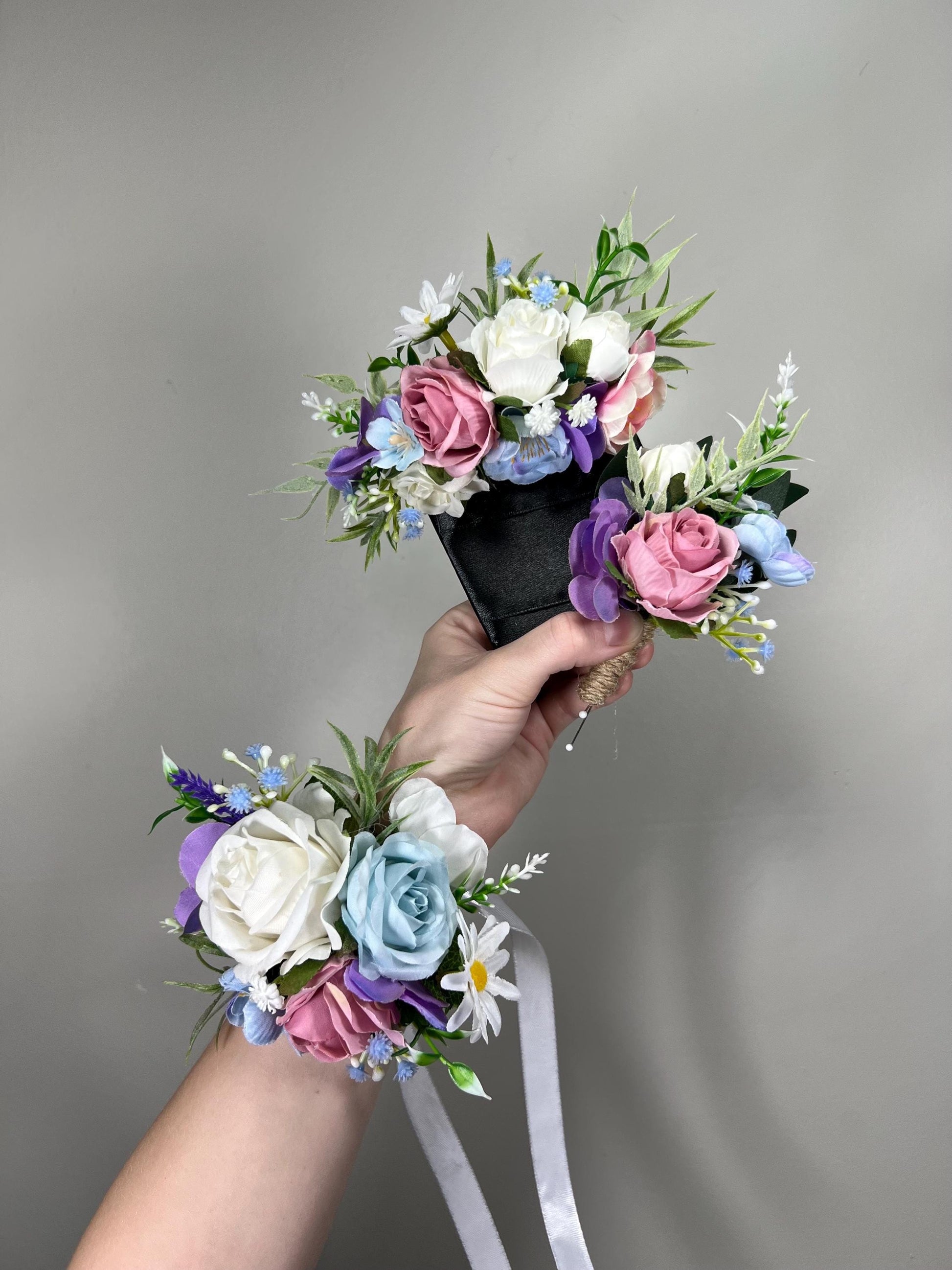 White Blue Pink Corsage Wedding Ivory Baby Blue Dusty Rose Wrist Corsage Bridesmaids Wild Flowers Corsage Purple Rustic Artiricial Flower