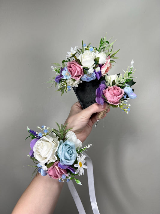 White Blue Pink Corsage Wedding Ivory Baby Blue Dusty Rose Wrist Corsage Bridesmaids Wild Flowers Corsage Purple Rustic Artiricial Flower