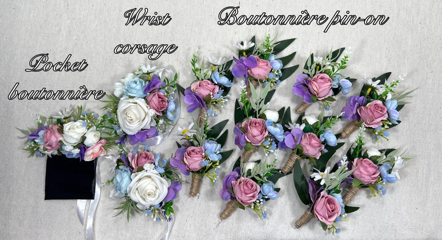White Blue Pink Pocket Boutonniere Groom Wedding Ivory Baby Blue Dusty Rose Wrist Square Boutonnière Groomsmen Wild Flower Purple Artiricial