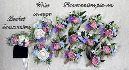 White Blue Pink Pocket Boutonniere Groom Wedding Ivory Baby Blue Dusty Rose Wrist Square Boutonnière Groomsmen Wild Flower Purple Artiricial