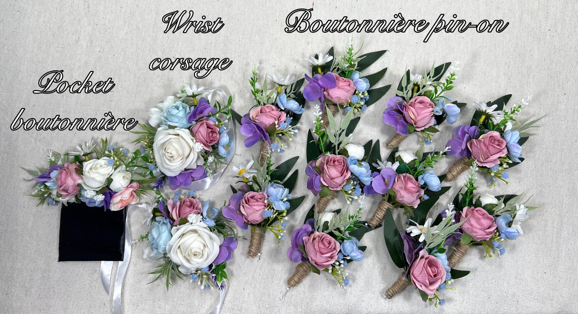 White Blue Pink Corsage Wedding Ivory Baby Blue Dusty Rose Wrist Corsage Bridesmaids Wild Flowers Corsage Purple Rustic Artiricial Flower