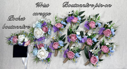White Blue Pink Corsage Wedding Ivory Baby Blue Dusty Rose Wrist Corsage Bridesmaids Wild Flowers Corsage Purple Rustic Artiricial Flower