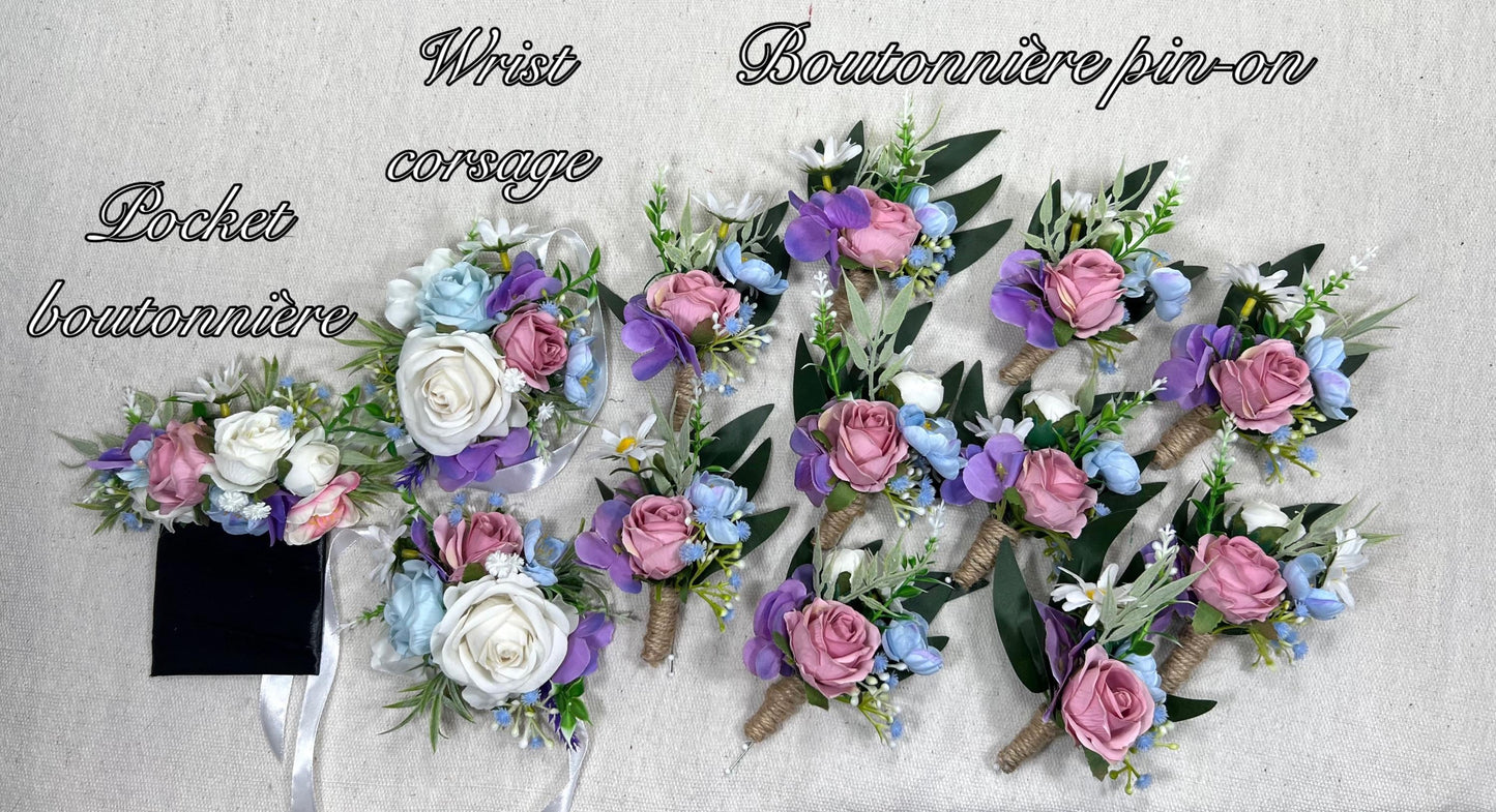 White Blue Pink Pocket Boutonniere Groom Wedding Ivory Baby Blue Dusty Rose Wrist Square Boutonnière Groomsmen Wild Flower Purple Artiricial