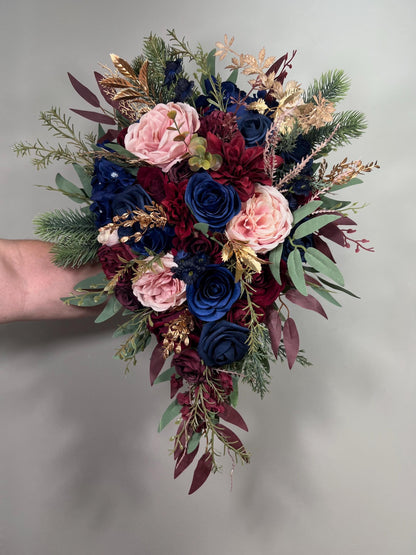 Burgundy Navy Blue Bouquet Cascade Wedding Bridal Bouquet Blush Navy Blue Burgundy Bouquet Bridesmaids Cascading Gold Bouquet Winter Maroon