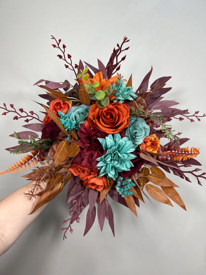 Turquoise Burgundy Bouquet Wedding Bridal Terracotta Burnt Orange Maroon Bridesmaids Bouquet Teal Blue Rust Eucalyptus Pampas Grass