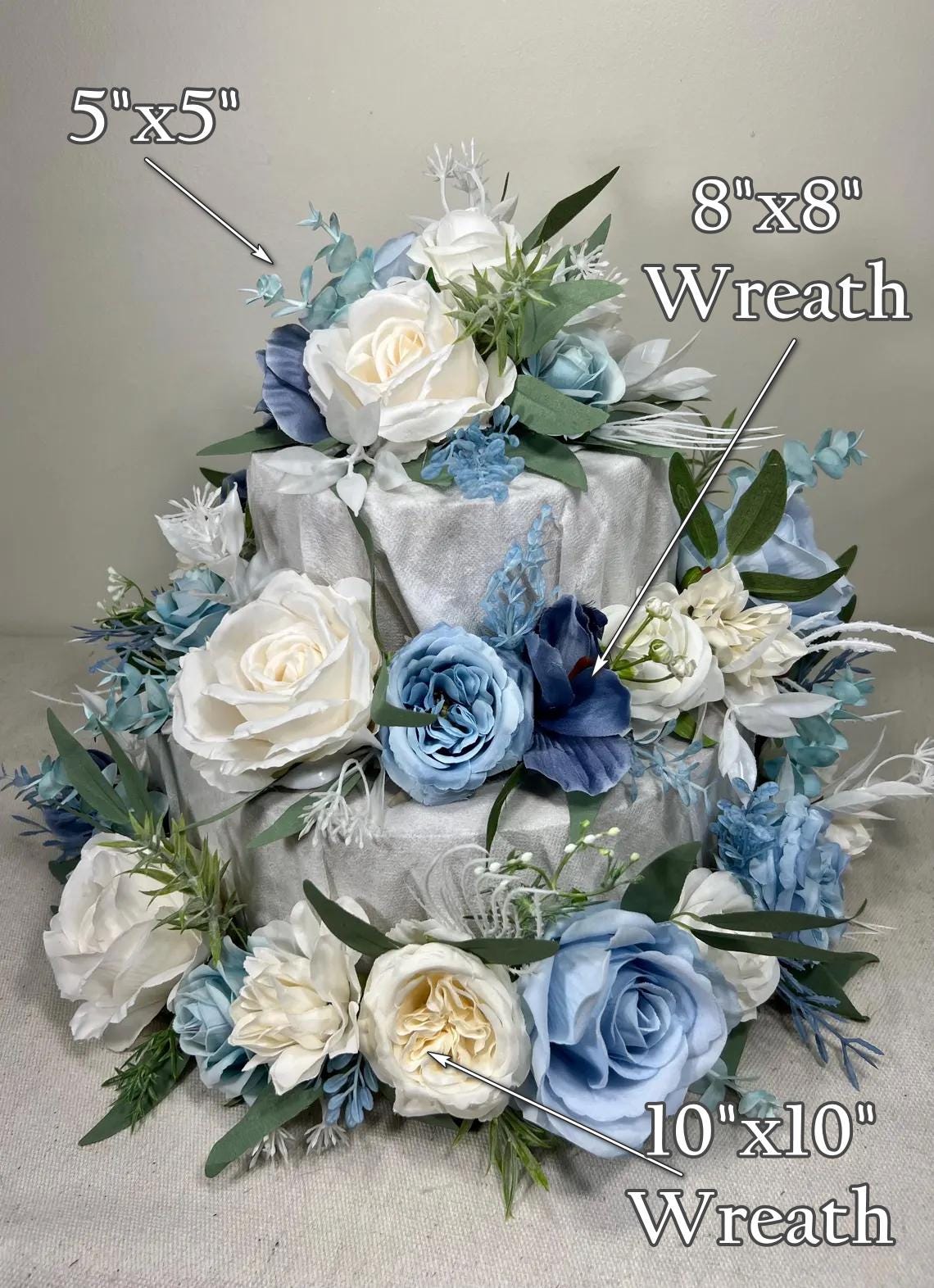 Blue Cake Decor Wedding White Cake Flowers Artificial Dusty Blue Ivory Cake Topper Sky Blue Flowers Eucalyptus White Cake Decor Silk Flowers