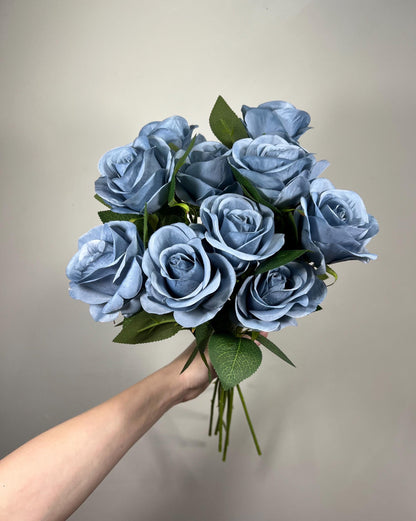 Dusty Blue Roses Artificial Flower Heads with Stem Light Blue Wedding Roses for Bouquet DIY Roses Real Touch Dusty Blue Supplies Flowers