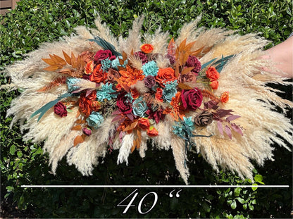 Teal Burnt Orange Burgundy Bouquet Wedding Bridal Boho Turquoise Terracotta Bouquet Pampas Grass Bridesmaids Teal Blue Burgundy Rust Bouquet