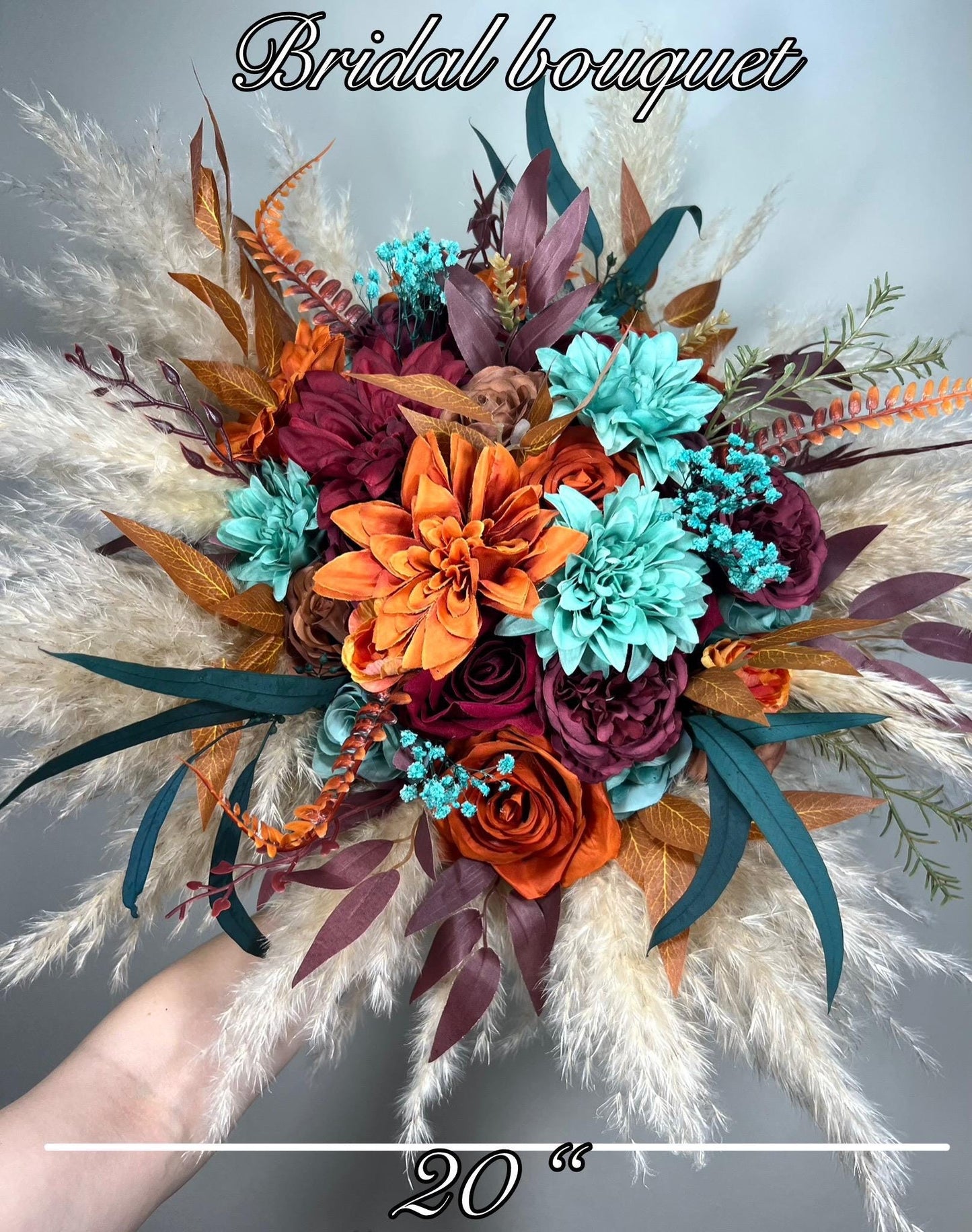 Teal Burnt Orange Burgundy Bouquet Wedding Bridal Boho Turquoise Terracotta Bouquet Pampas Grass Bridesmaids Teal Blue Burgundy Rust Bouquet