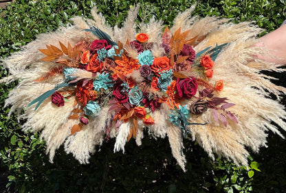 Teal Burnt Orange Burgundy Bouquet Wedding Bridal Boho Turquoise Terracotta Bouquet Pampas Grass Bridesmaids Teal Blue Burgundy Rust Bouquet