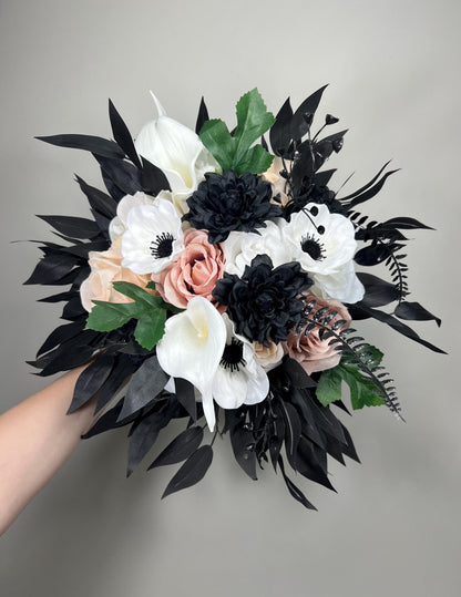 Black White Bouquet Bridal Dusty Rose Bouquet Black Blush White Bridesmaids Dusty PinkBouquet Anemone Calla Lily Ivory Artificial Flower