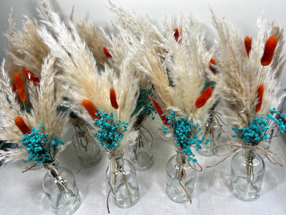 Centerpiece Teal Orange Mini Wedding Dried Bouquet Teal Burnt Orange Baby Breath Turquoise Wedding Terracotta Small Centerpiece Pampas Grass