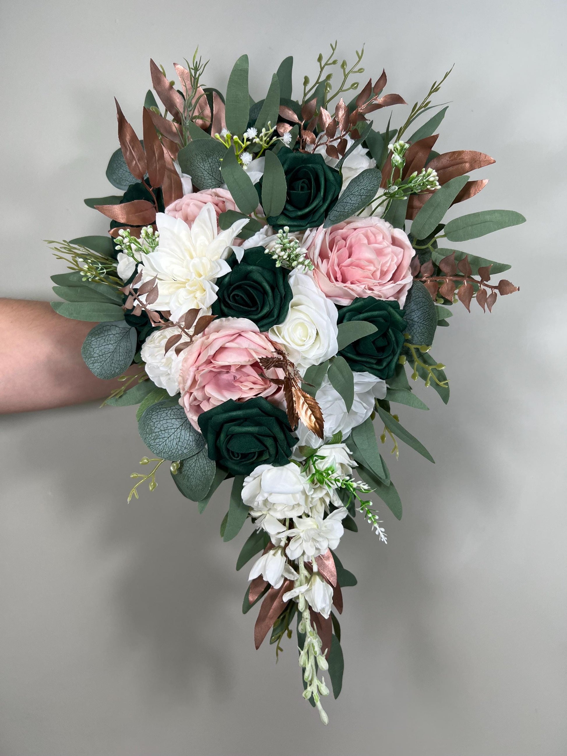 Emerald Green Bouquet Bridal Cascade White Blush Bridesmaids Bouquet Rose Gold Cascading Bouquet Ivory Hunter Green Forest Artiricial Flower