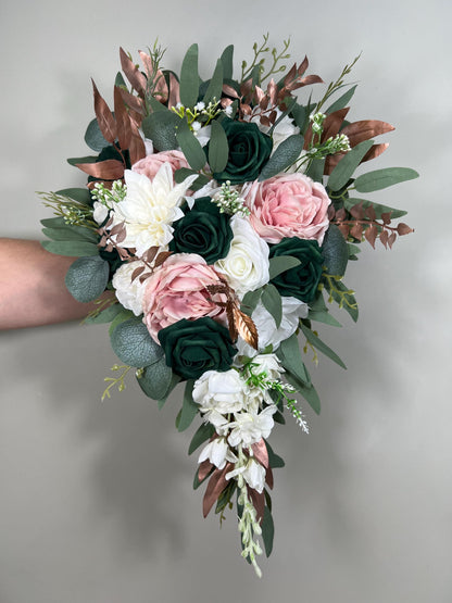 Emerald Green Bouquet Bridal Cascade White Blush Bridesmaids Bouquet Rose Gold Cascading Bouquet Ivory Hunter Green Forest Artiricial Flower