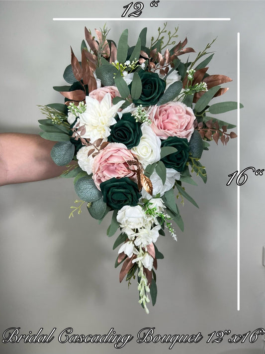 Emerald Green Bouquet Bridal Cascade White Blush Bridesmaids Bouquet Rose Gold Cascading Bouquet Ivory Hunter Green Forest Artiricial Flower