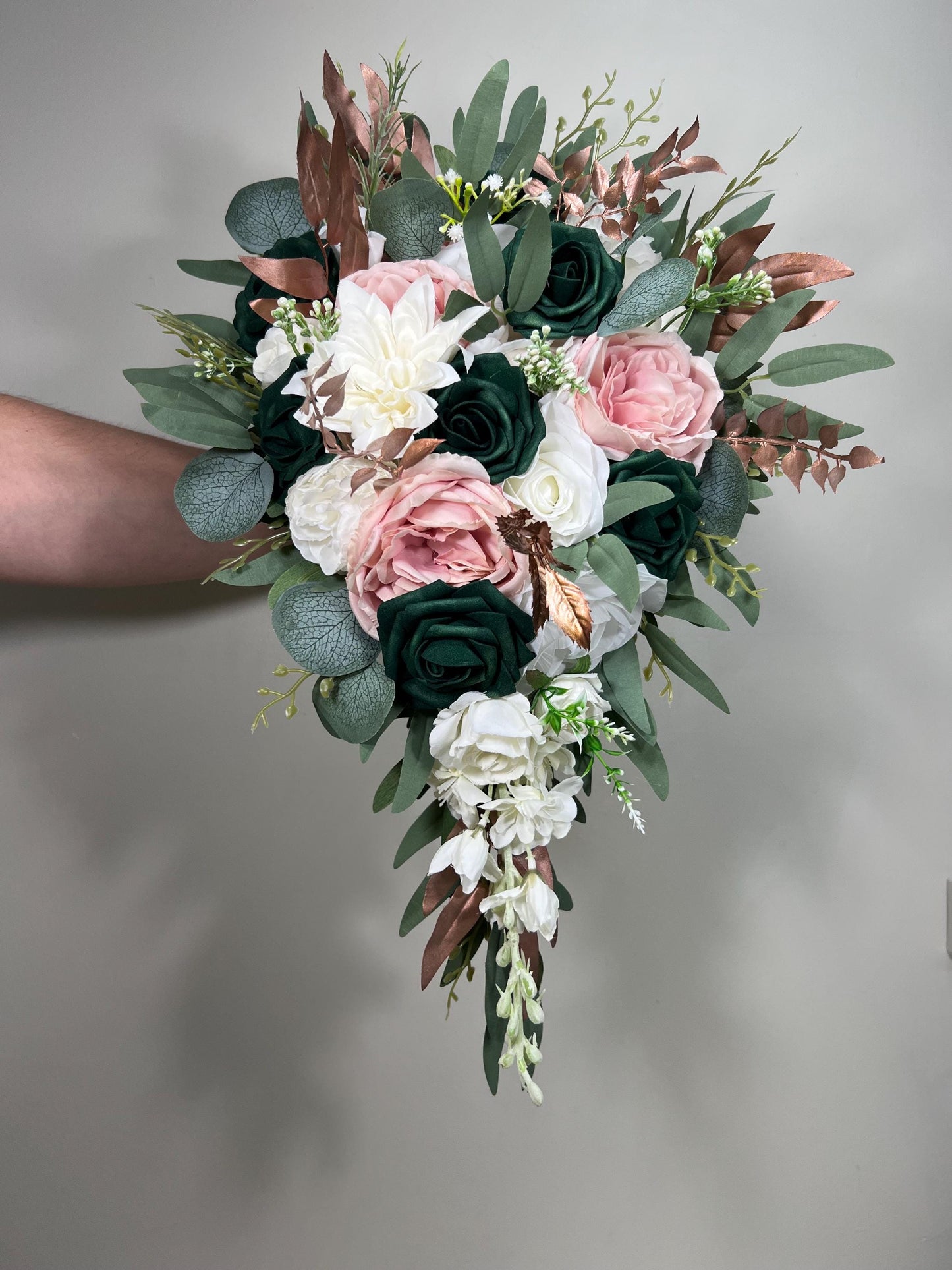 Emerald Green Bouquet Bridal Cascade White Blush Bridesmaids Bouquet Rose Gold Cascading Bouquet Ivory Hunter Green Forest Artiricial Flower