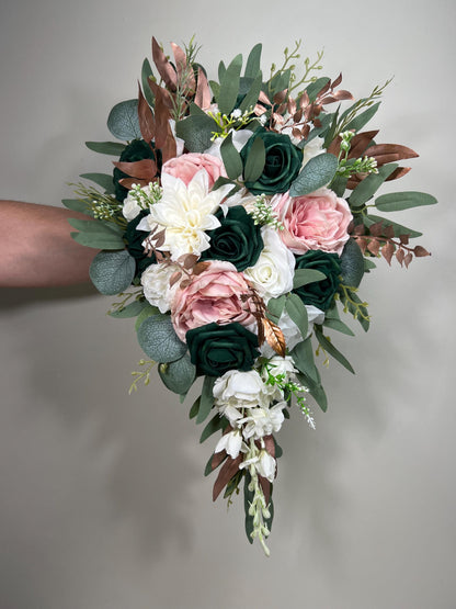 Emerald Green Bouquet Bridal Cascade White Blush Bridesmaids Bouquet Rose Gold Cascading Bouquet Ivory Hunter Green Forest Artiricial Flower