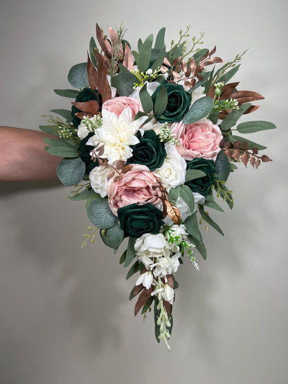 Emerald Green Bouquet Bridal Cascade White Blush Bridesmaids Bouquet Rose Gold Cascading Bouquet Ivory Hunter Green Forest Artiricial Flower