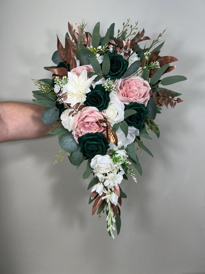 Emerald Green Bouquet Bridal Cascade White Blush Bridesmaids Bouquet Rose Gold Cascading Bouquet Ivory Hunter Green Forest Artiricial Flower