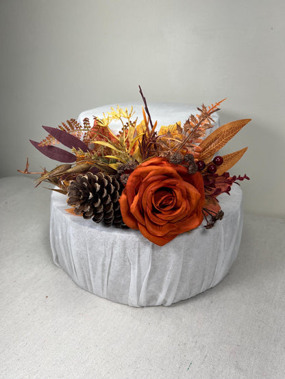 Fall Cake Decoration Wedding Burnt Orange Cake Flower Arrangement Pine Cone Rustic Cake Decor Artificial Flowers Terracotta Floral Cake