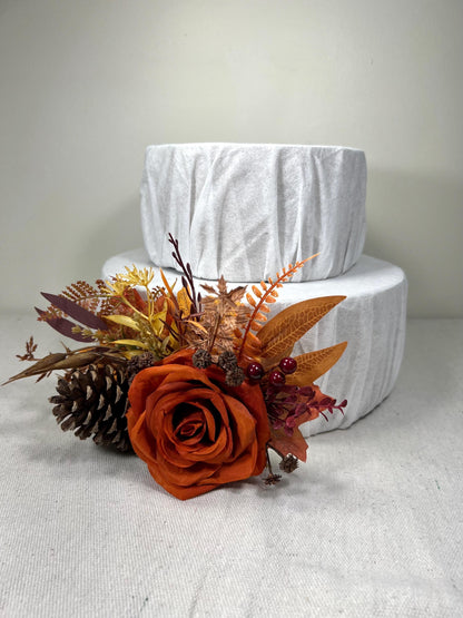 Fall Cake Decoration Wedding Burnt Orange Cake Flower Arrangement Pine Cone Rustic Cake Decor Artificial Flowers Terracotta Floral Cake