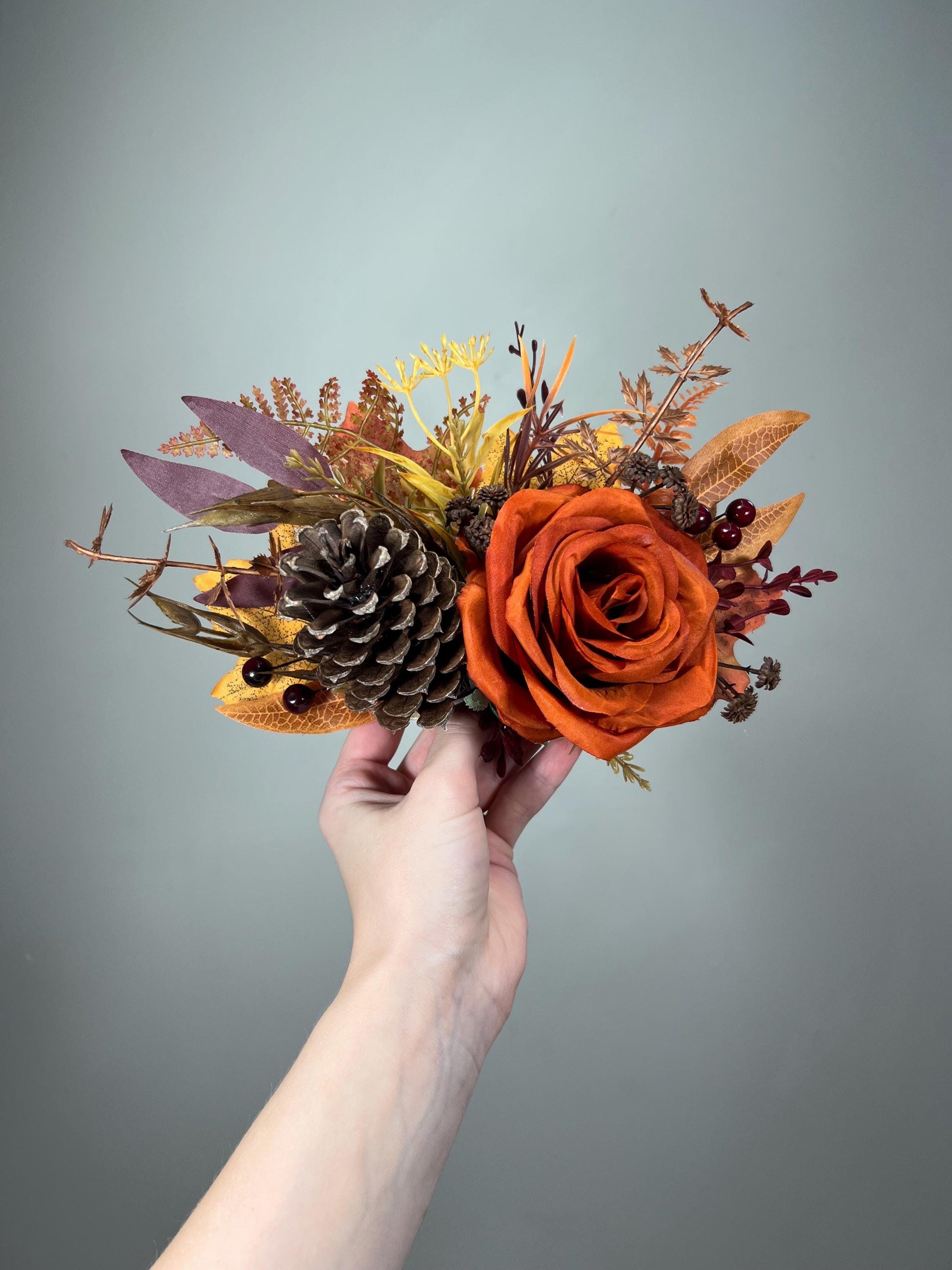 Fall Cake Decoration Wedding Burnt Orange Cake Flower Arrangement Pine Cone Rustic Cake Decor Artificial Flowers Terracotta Floral Cake